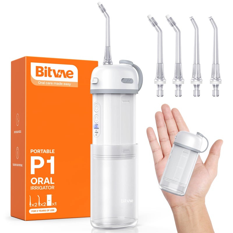 Bitvae P1 Portable Mini Dental Flosser Cordless Water Cleaner with Telescopic Tank Rechargeable Oral Irrigator for Travel Home Frost White